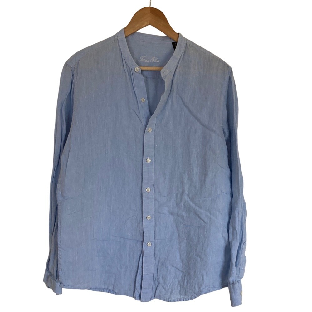 Tasso‎ Elba Mens Light Blue Linen Button-Up Shirt Size Small Collarless Long Slv